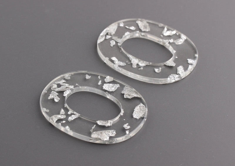 2 Transparent Clear Acrylic Blanks, Clear Silver Foil, 2 Inch Oval Charm, Plexiglass Earrings, Glitter Acrylic Silver Leaf, VG028-50-CSF