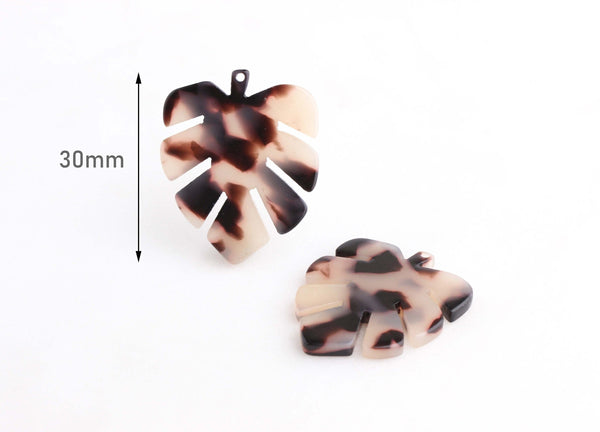 2 Tropical Monstera Leaf Findings, Blonde Tortoiseshell, Cellulose Acetate, 30 x 24.25mm