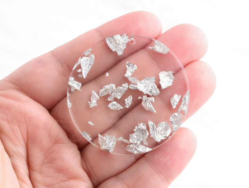 2 Clear Acrylic Charms with Silver Foil Flakes, Transparent, Designer Charms, 44.5mm