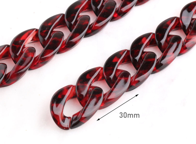 1ft Red Tortoise Shell Chain, 30mm, Transparent, Acrylic Connectors, Flat Twist Ovals