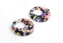 2 Tortoiseshell Pendants in Random Colors, Large Circle Pendant Celluloid, Rainbow Tortoise Shell Charm, Flat Discs Blanks, RG049-35-KMC
