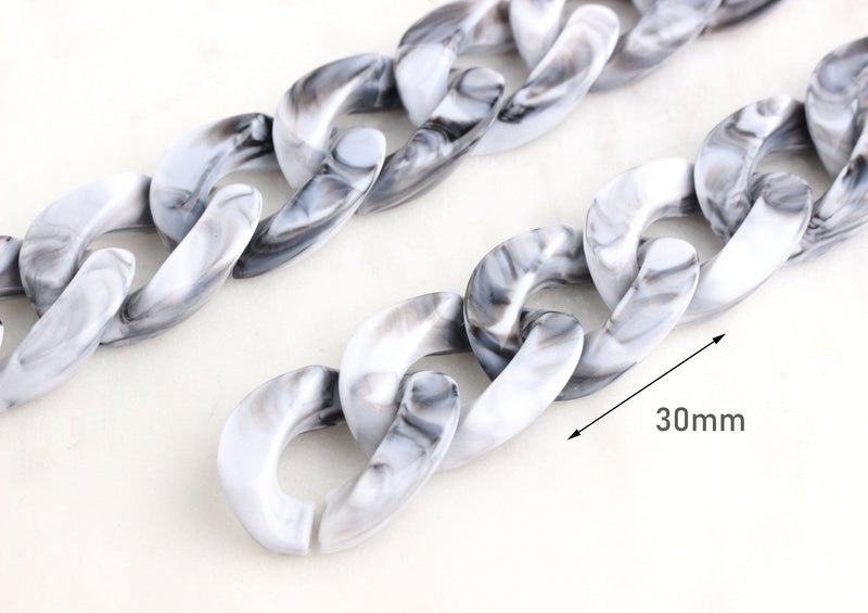 1ft Carrara Marble Acrylic Chain Links, 30mm, White and Gray, Curb Connectors