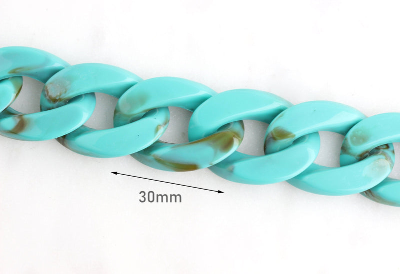 1ft Large Turquoise Green Acrylic Chain Links, 30mm, Marble, For Chunky Bracelets