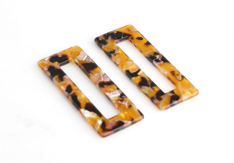 2 Flat Rectangle Connectors in Golden Amber, Tortoise Shell Earring Findings, Egg Yolk Amber Resin Beads, Tortoise Resin Pendant DX029-50-OT