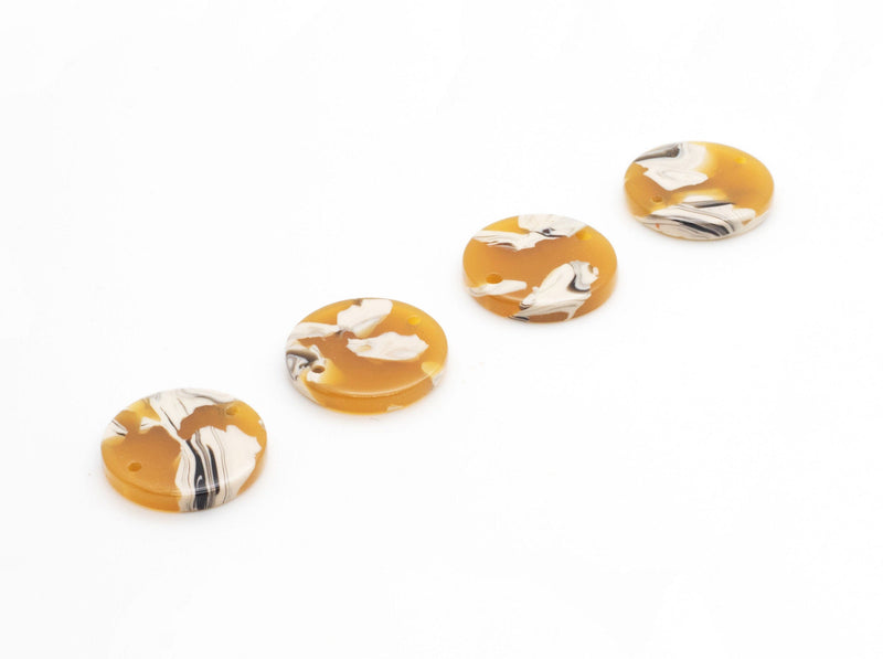 4 Round Disc Connectors, 2 Holes, Sunflower Yellow Tortoise Shell, Cellulose Acetate, 15mm
