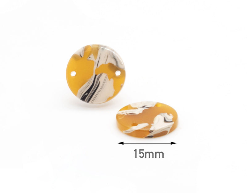 4 Round Disc Connectors, 2 Holes, Sunflower Yellow Tortoise Shell, Cellulose Acetate, 15mm