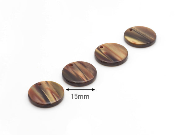 4 Flat Circle Discs 15mm, Iridescent Brown, Smooth Shiny Beads, Brown Acetate Charm, Dark Brown Tortoise Acrylic Earring Blank CN085-15-BR02