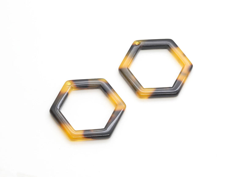4 Small Hexagon Ring Charms, Tortoiseshell, Cellulose Acetate, 24 x 21.5mm