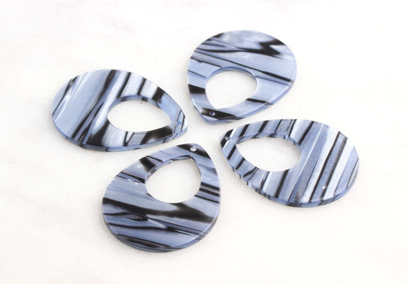 4 Large Teardrop Charms in Blue Zebra Print, Striped Marble, Resin Teardrop Cut Out, Blue Leopard, Acrylic Jewelry Findings, TD016-38-USTR