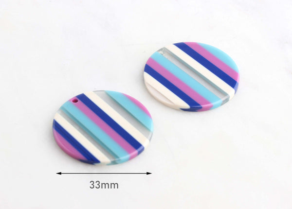 4 Large Circle Blanks, Vertical Stripes, Blue Clear Pink Purple, Resin Earring Blank, Large Circle Blank Discs, Acetate Charms CN064-33-1STR