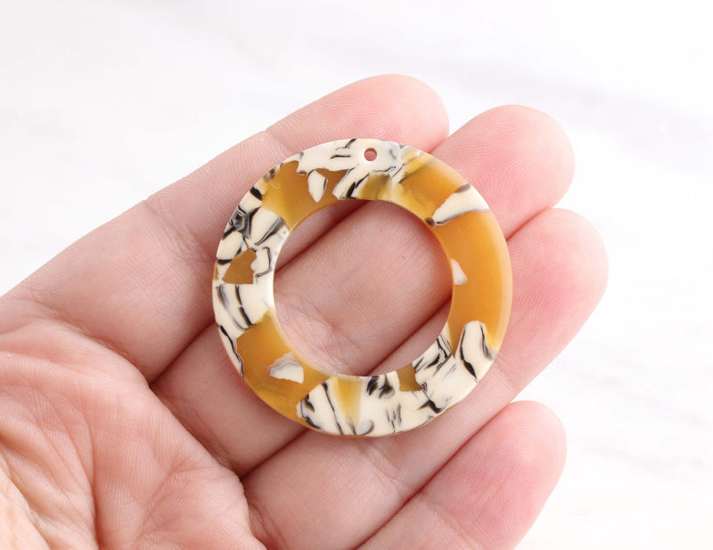 2 Large Donut Rings with 1 Hole, Sunflower Yellow Tortoise Shell and White, Cellulose Acetate, 39mm