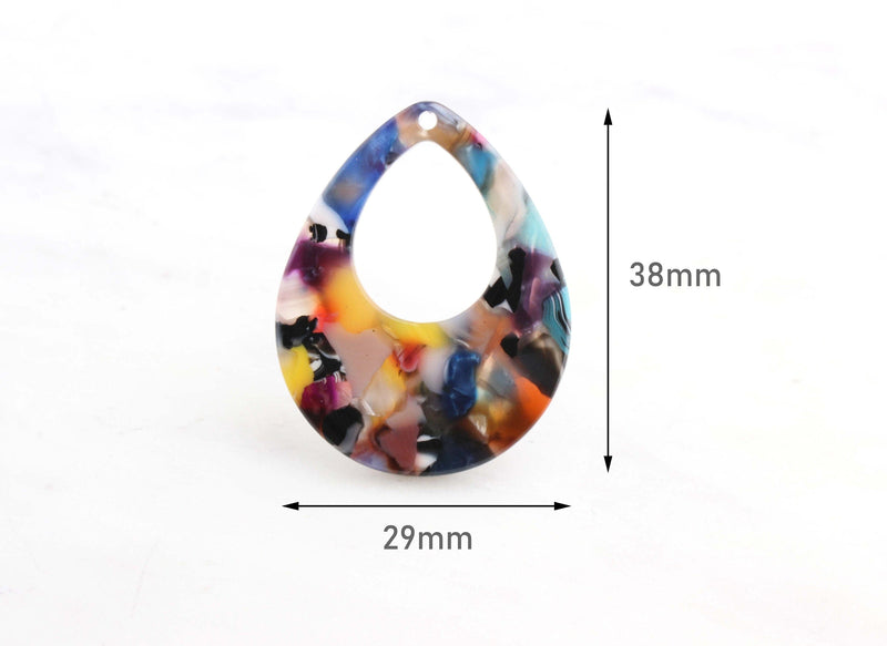 4 Large Teardrop Earring Findings, Cellulose Acetate Pendant, Random Color Mix, Rainbow Tortoise Shell Blanks with Hole, TD020-38-RNW
