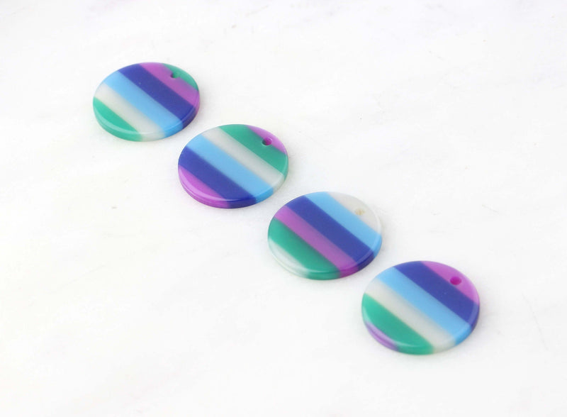 4 Small Acrylic Discs 19mm, Horizontal Stripes Multicolor Earrings Blue Green White Purple, Medium Circle, Monogram Disc Blank CN067-19-3STR
