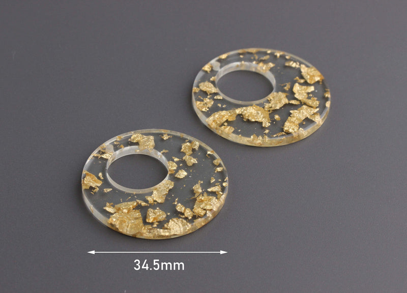 2 Transparent Acrylic Discs with Gold Flakes, Laser Cut Circle Cut Out, Gold Marble, Clear Gold Foil, Flat Acrylic Circle Blank RG051-35-CGF