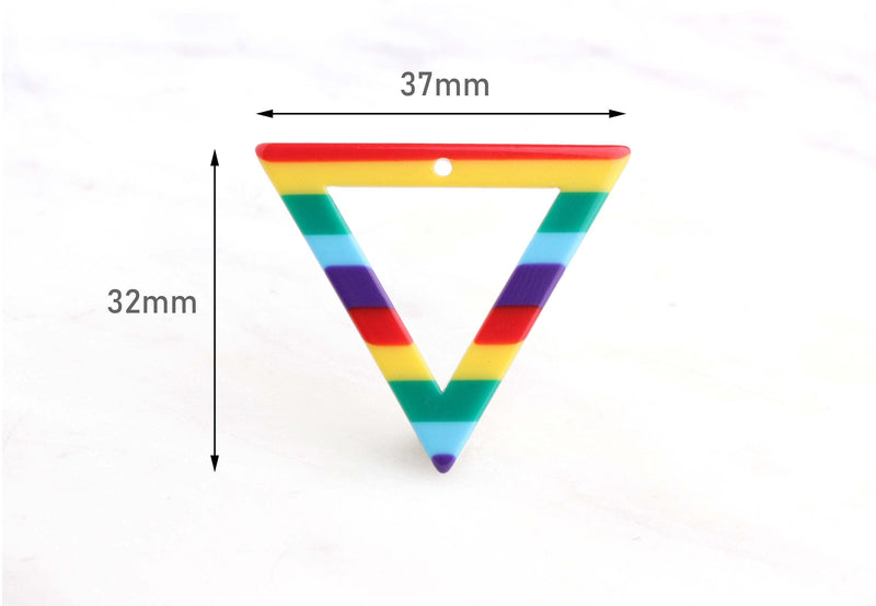 2 Rainbow Triangle Connectors, 37 x 32mm, Colorful Rainbow Stripes, LGBT, Earrings Acetate Charms, Upside Down Triangle Link, TR016-37-2STR