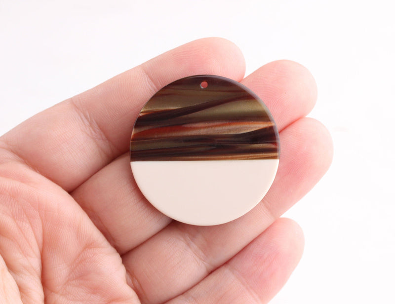 2 Flat Circle Charms in Brown and White, 35mm Discs, Color Block Jewelry, Acetate Acrylic Round Blanks Tortoise Shell Supply, CN089-35-2BRW
