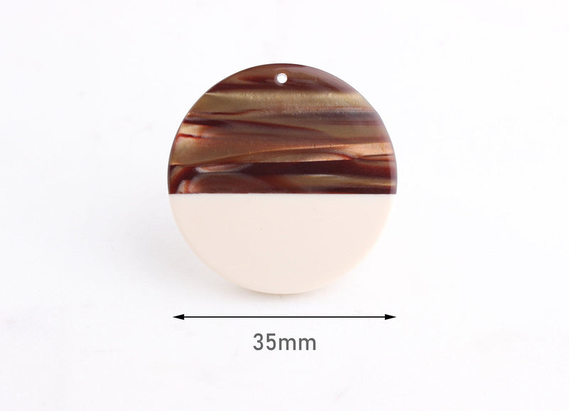 2 Flat Circle Charms in Brown and White, 35mm Discs, Color Block Jewelry, Acetate Acrylic Round Blanks Tortoise Shell Supply, CN089-35-2BRW