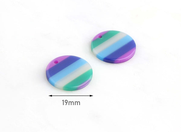 4 Small Acrylic Discs 19mm, Horizontal Stripes Multicolor Earrings Blue Green White Purple, Medium Circle, Monogram Disc Blank CN067-19-3STR