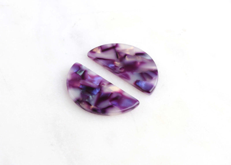 2 Semi Crescent Moon Charms, Purple Tortoise Shell Holographic Bead Blue Flash Jewelry, Dusty Purple Half Circle Earrings Blank CN068-30-PHG