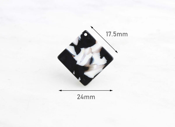 4 Diamond Square Charms, Black and White Marble, Cellulose Acetate, 24 x 24mm