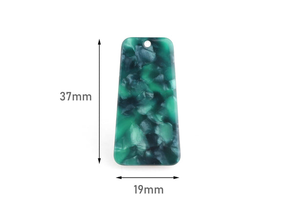 2 Flat Rectangle Charms, Trapezoid Shape, Dark Green Tortoise Shell, Cellulose Acetate, 37 x 19mm