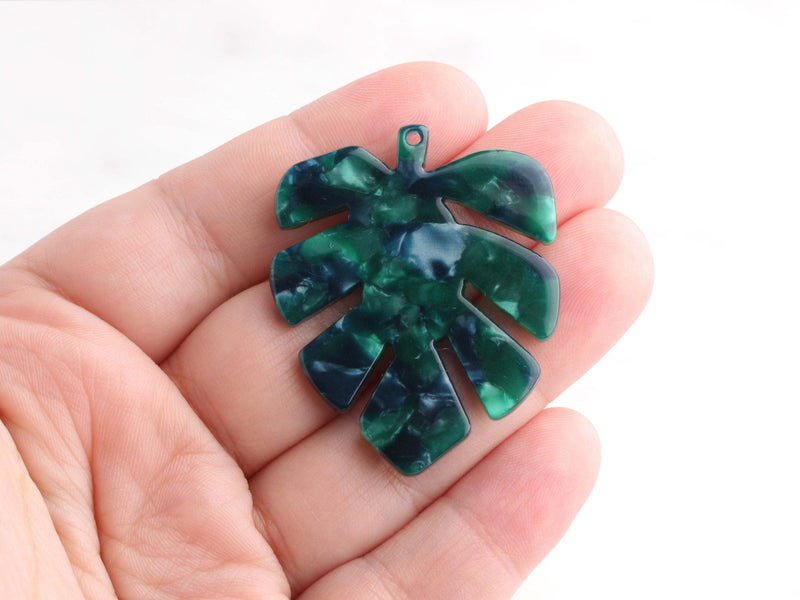 2 Green Monstera Leaf Charms, Vintage Green Tortoise Shell, Cellulose Acetate, 43 x 35mm