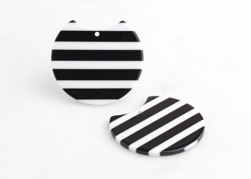 2 Large Flat Circle Discs, Black and White Stripe Beads, Cellulose Acetate Pendant, Emo Jewelry, Circle Cutout, Goth Stripes, CN091-37-BWST