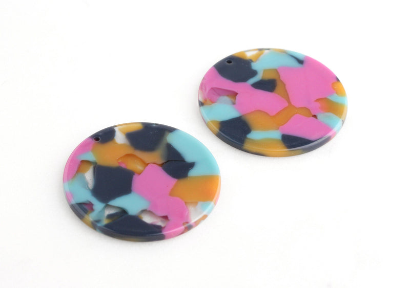 4 Tortoise Shell Pendants in Blue Pink Yellow, 1.5" Circle Tortoise, 35mm Blank Earring Discs DIY, Cellulose Acetate Pendant, CN092-35-UPY