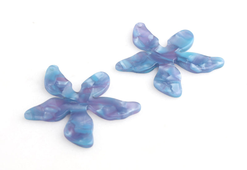 2 Large Flower Earring Findings, Plumeria Flower, Starfish Flower, Cherry Blossom Charm, Pearl Blue Purple Acetate Flowers, FW016-48-U02