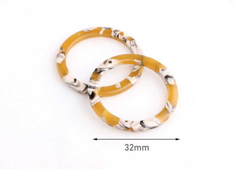 2 Round Tortoise Shell Circles 32mm, Yellow Plastic Rings, Open Back Bezel, Yellow Acetate Acrylic Links, Open Circle Loops, RG053-32-YWB