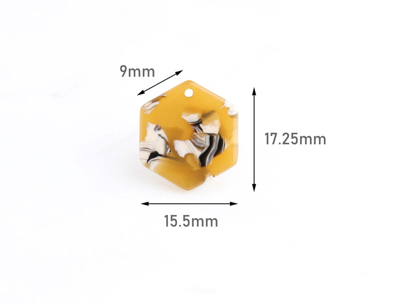 4 Small Hexagon Charms, Geometric Honeycomb Shape, Sunflower Yellow Tortoise Shell, Acetate, 17.25 x 15.5mm