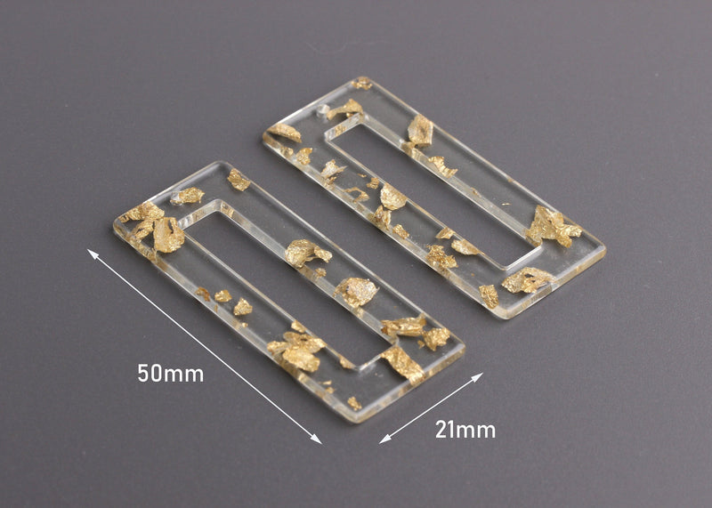 2 Transparent Acrylic Rectangle Ring, Clear Acrylic Pendant, Transparent Gold Flakes, Rectangle Frame, Clear Plastic Charms, DX044-50-CGF