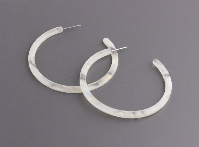 Delicate Hoop Earrings Parts, 1 Pair, Thin Hoops, Large 2 Inch Hoops, White Tortoise Shell Hoop Earring Supply, Ivory Hoops, EAR051-48-W02