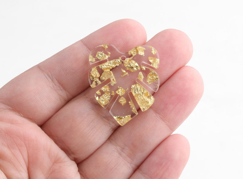 2 Small Palm Leaf Charms with Gold Foil Flecks, Fern Leaf Shape, Clear Acrylic, 29.5 x 25.75mm