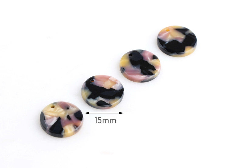 4 Dark Marble Acetate Circle Charms, Black Acrylic Earring Blanks, Dusty Pink Beads, Black Yellow Pink Tortoise Shell Circles, CN076-15-BK02