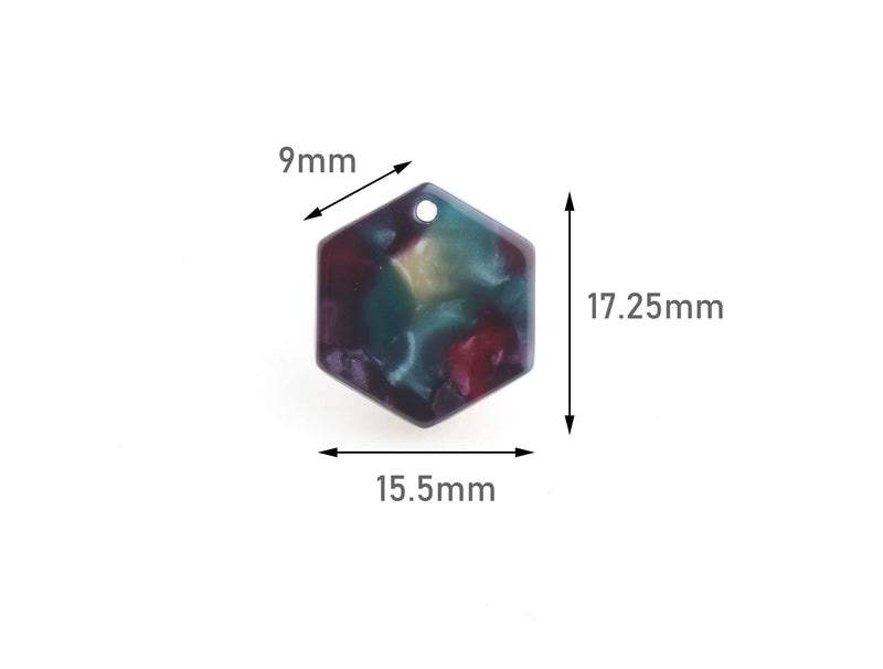 4 Small Hexagon Charms, Galaxy Marble in Purple and Green, Geometric Shape Blanks, 17.25 x 15.5mm