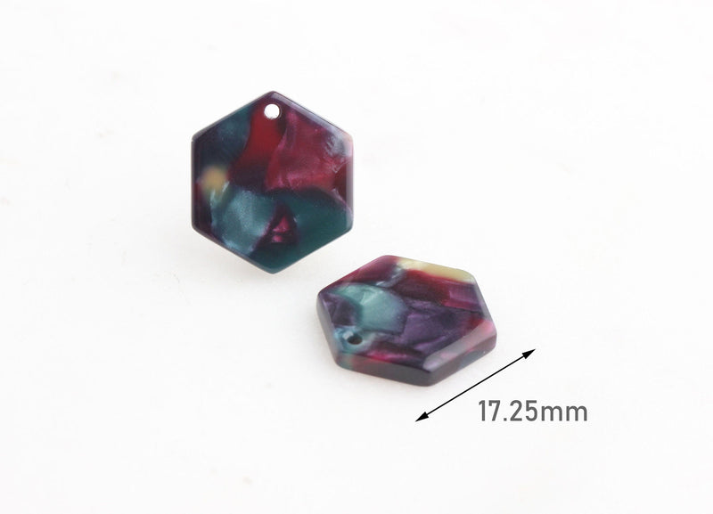 4 Small Hexagon Charms, Galaxy Marble in Purple and Green, Geometric Shape Blanks, 17.25 x 15.5mm