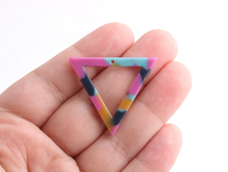 2 Open Triangle Links, Blue Pink Yellow Acetate Earring Parts, Colorful Tortoise Shell Charms, Thin Acrylic Triangle Pendant, TR021-35-UPY