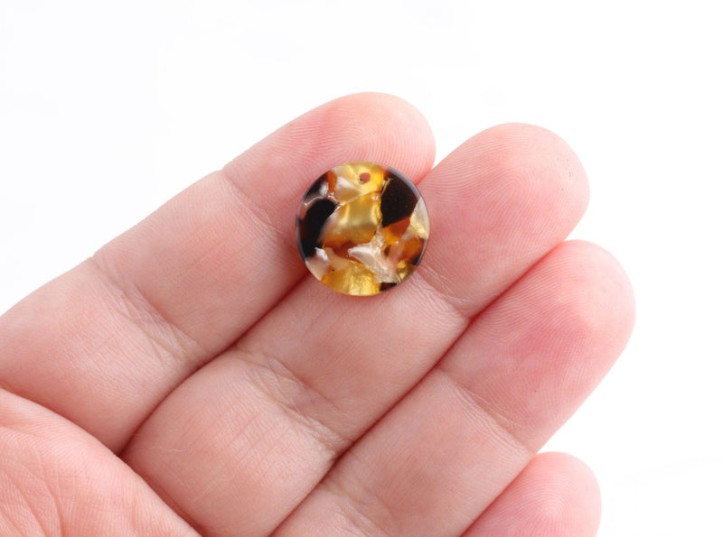 4 Small Coin Charms, Gold Tortoise Shell, 15mm Discs, Faux Amber Slices, Iridescent Beads, Shiny Orange Bead, Cognac Amber Resin CN081-15-OT