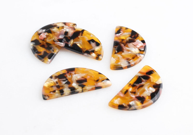2 Half Circle Blanks in Honey Amber Tortoise Shell, Faux Resin with Inclusions, Cellulose Acetate, 37 x 18mm