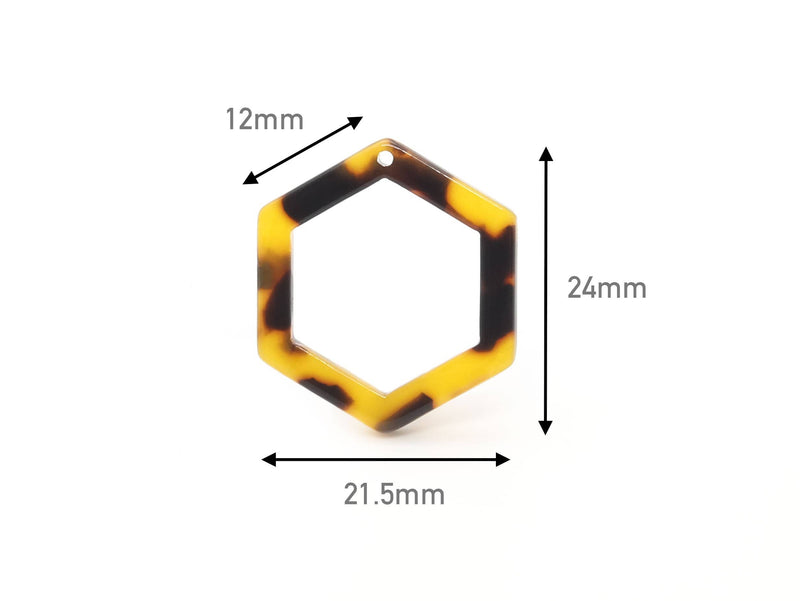 4 Small Hexagon Ring Charms, Tortoiseshell, Cellulose Acetate, 24 x 21.5mm
