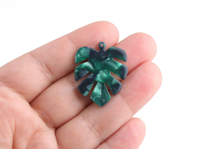 2 Palm Frond Leaf Charms, Vintage Green Tortoise Shell, Montsera Plant, Cellulose Acetate, 30 x 24.25mm
