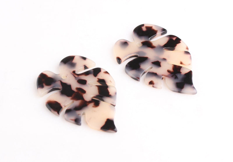 2 Large Palm Leaf Charms, 2mm Hole Size, Blonde Tortoise Shell, Cellulose Acetate, 50.5 x 35mm