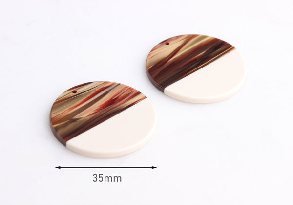 2 Flat Circle Charms in Brown and White, 35mm Discs, Color Block Jewelry, Acetate Acrylic Round Blanks Tortoise Shell Supply, CN089-35-2BRW