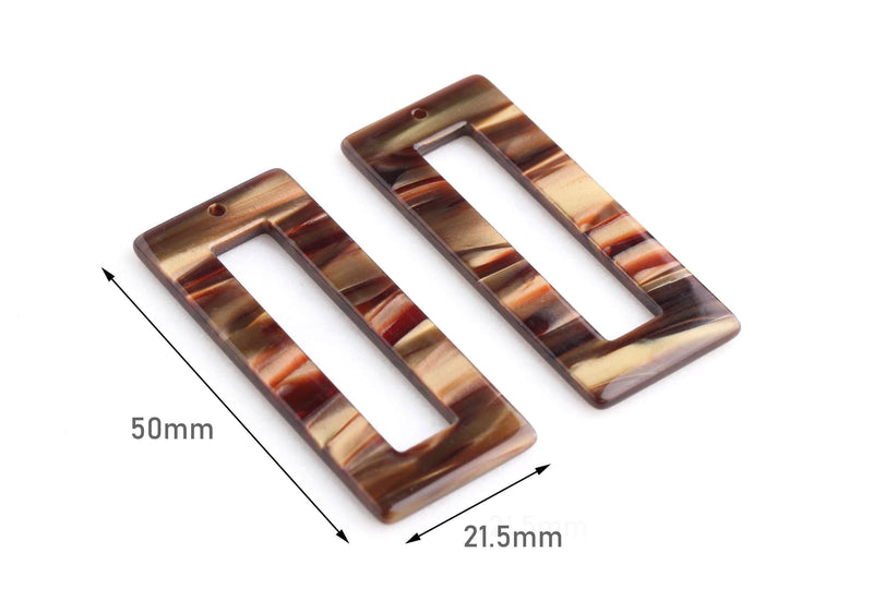 2 Rectangle Cutout Charms, Havana Brown Acetate Earring Parts, Brown Lucite Bead, Horizontal Stripes, Acrylic Laser Cut Shapes, DX038-50-BR02