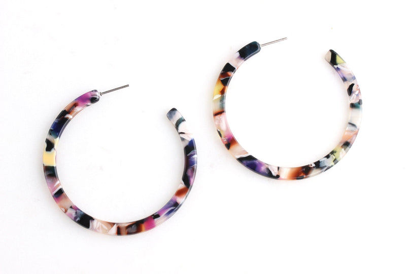 Colorful Post Earring Hoops, 1 pair, Multicolor Tortoise Shell Earring, Acrylic Hoops, Big Resin Hoop Earrings, Rainbow Hoops, EAR045-50-KMC