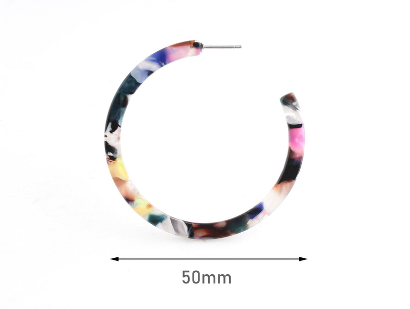 Colorful Post Earring Hoops, 1 pair, Multicolor Tortoise Shell Earring, Acrylic Hoops, Big Resin Hoop Earrings, Rainbow Hoops, EAR045-50-KMC