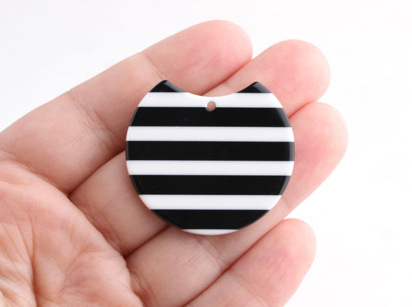 2 Large Flat Circle Discs, Black and White Stripe Beads, Cellulose Acetate Pendant, Emo Jewelry, Circle Cutout, Goth Stripes, CN091-37-BWST