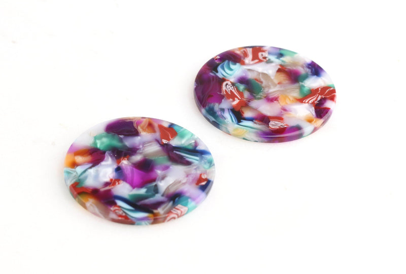 4 Round Acetate Charms, 35mm Flat Circle Discs, Rainbow Acetate Earrings, Acrylic Circle Blanks, Rainbow Tortoise Shell Beads, CN096-35-MC01