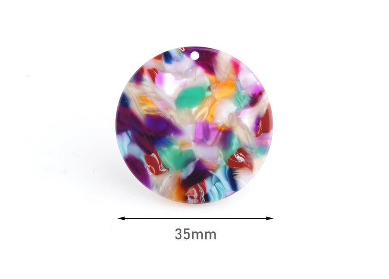 4 Round Acetate Charms, 35mm Flat Circle Discs, Rainbow Acetate Earrings, Acrylic Circle Blanks, Rainbow Tortoise Shell Beads, CN096-35-MC01